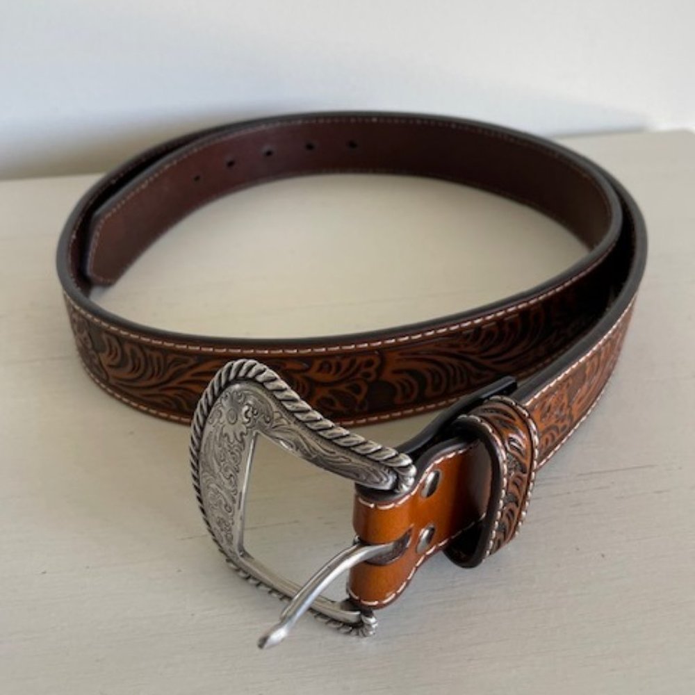 Western Tooled Nocona Leather Silver Buckle Belt 51 inch